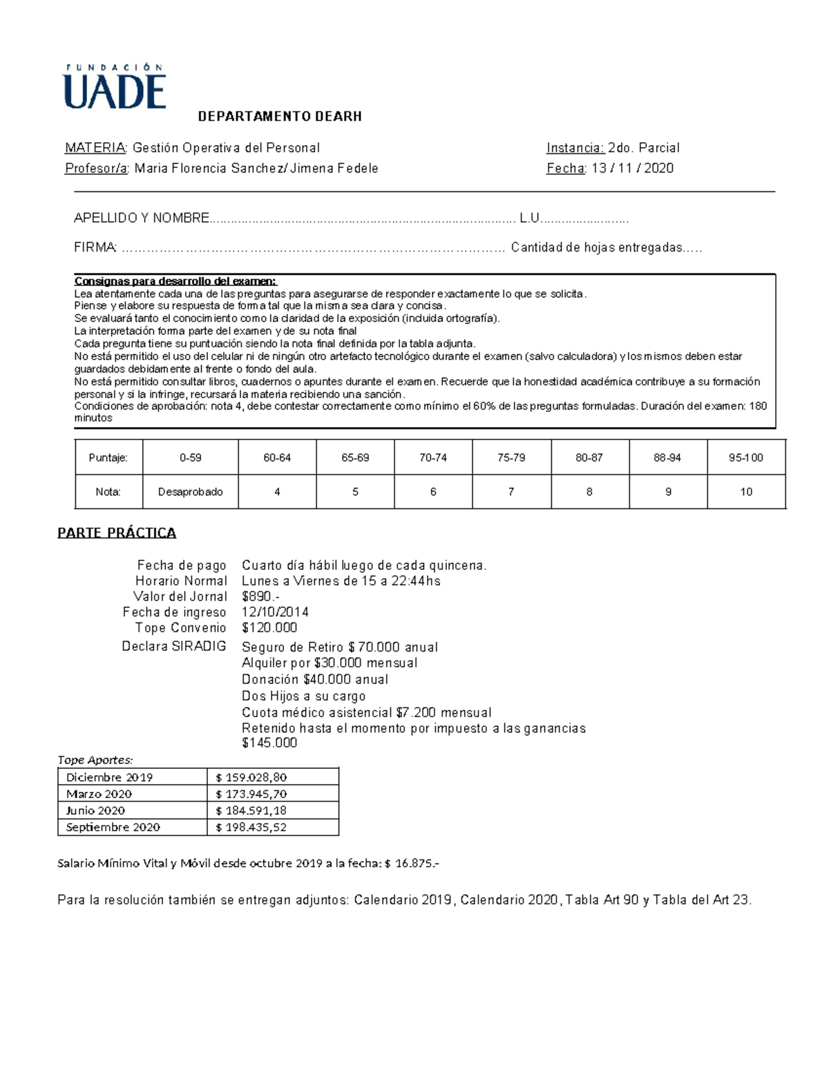 2do Parcial GOP 2C 2020 - DEPARTAMENTO DEARH MATERIA: Gestión Operativa ...