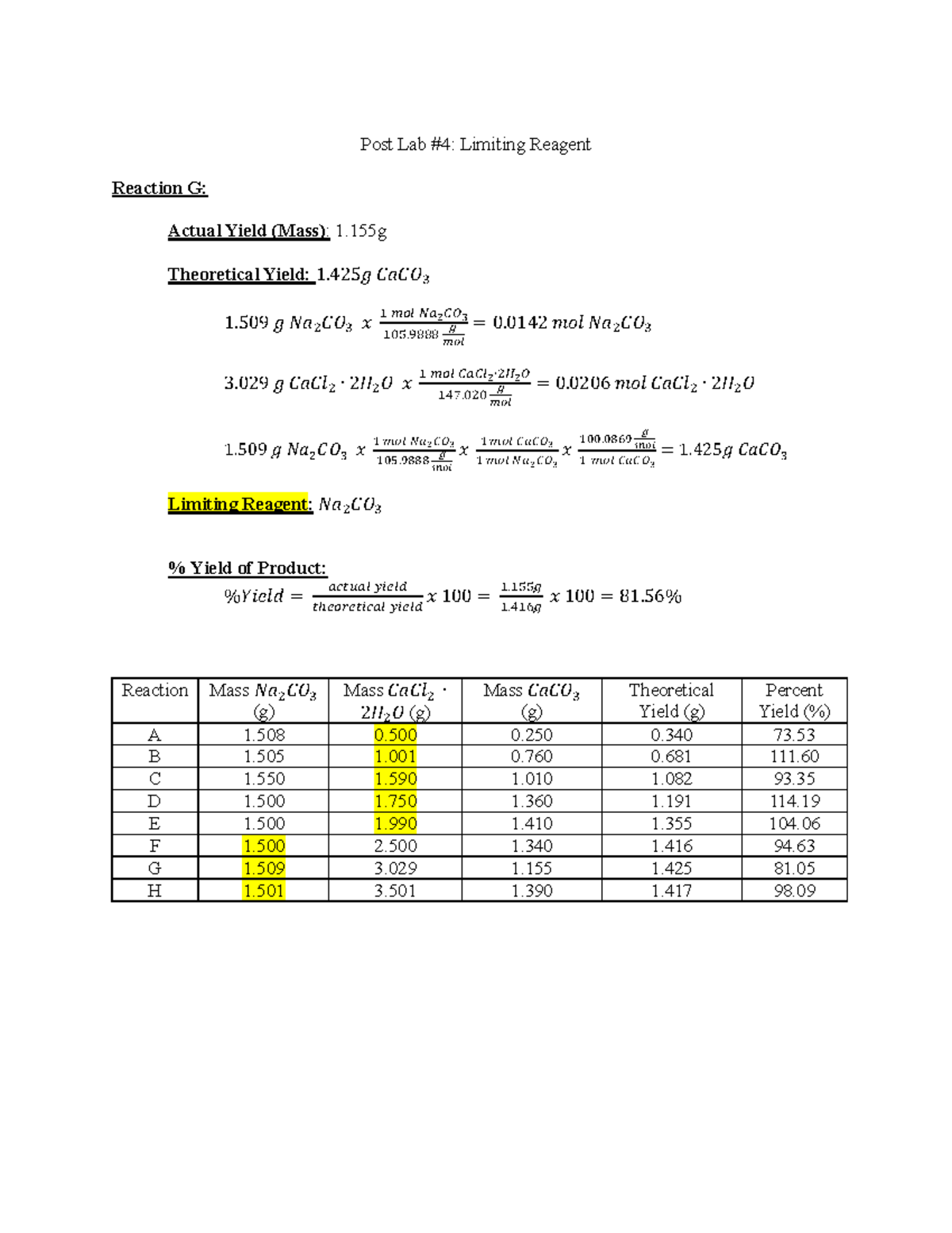 Lab Report 4 - Post Lab: Limiting Reagent - Post Lab #4: Limiting ...