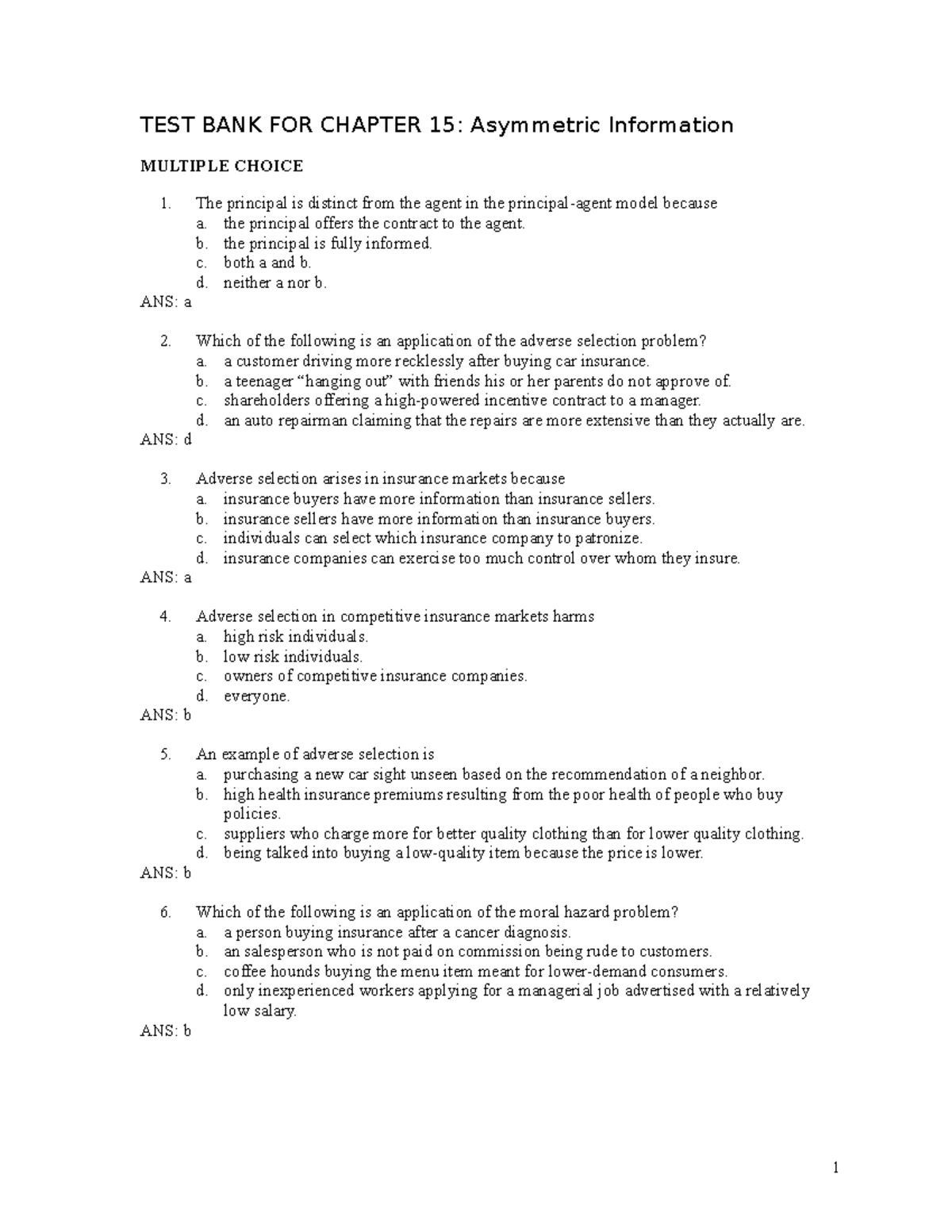 TEST BANK FOR Chapter 15 - TEST BANK FOR CHAPTER 15: Asymmetric ...