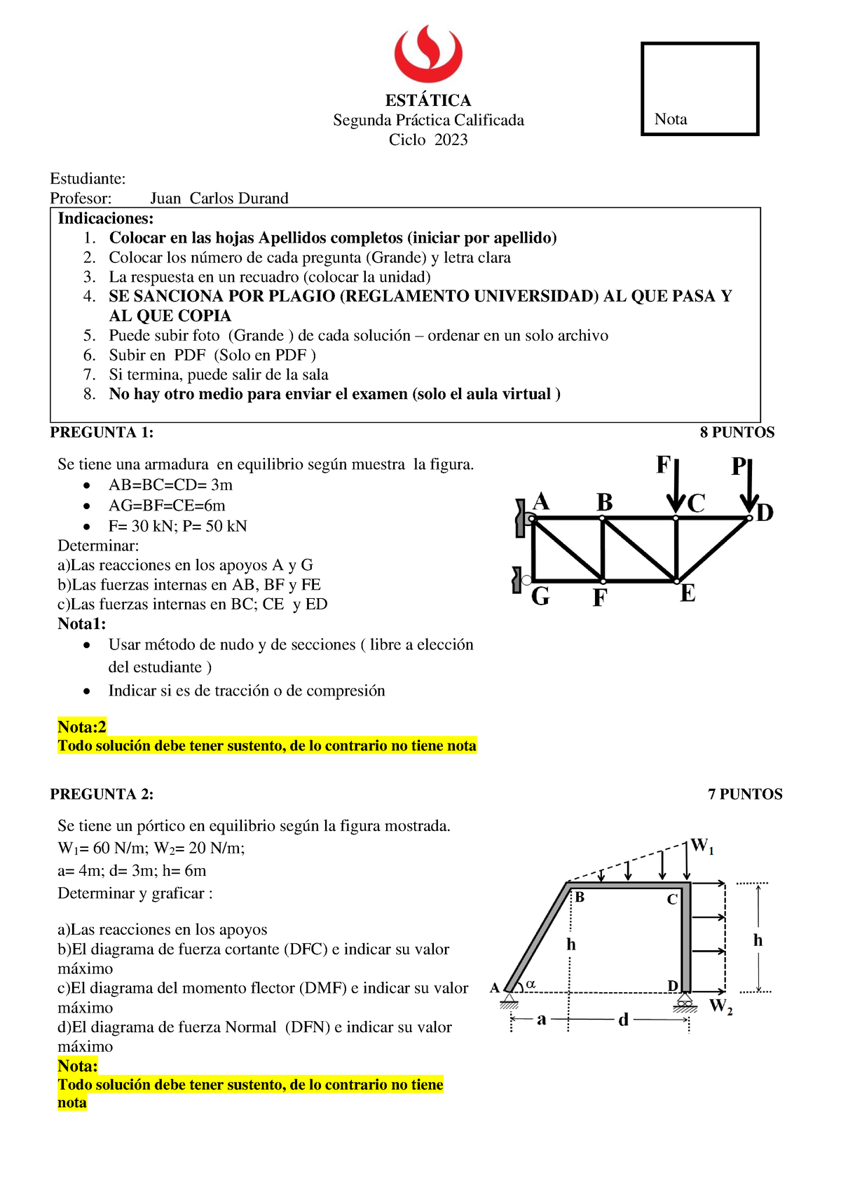 PC2 - Estatica UPC 2023 Invierno - ESTÁTICA Segunda Práctica Calificada ...