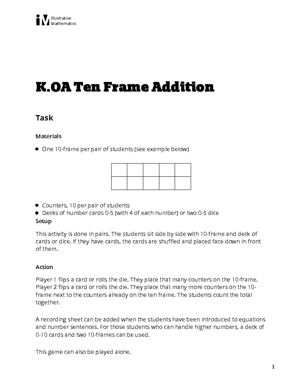 K.OA some notes K Ten Frame Addition Task Materials One 10frame