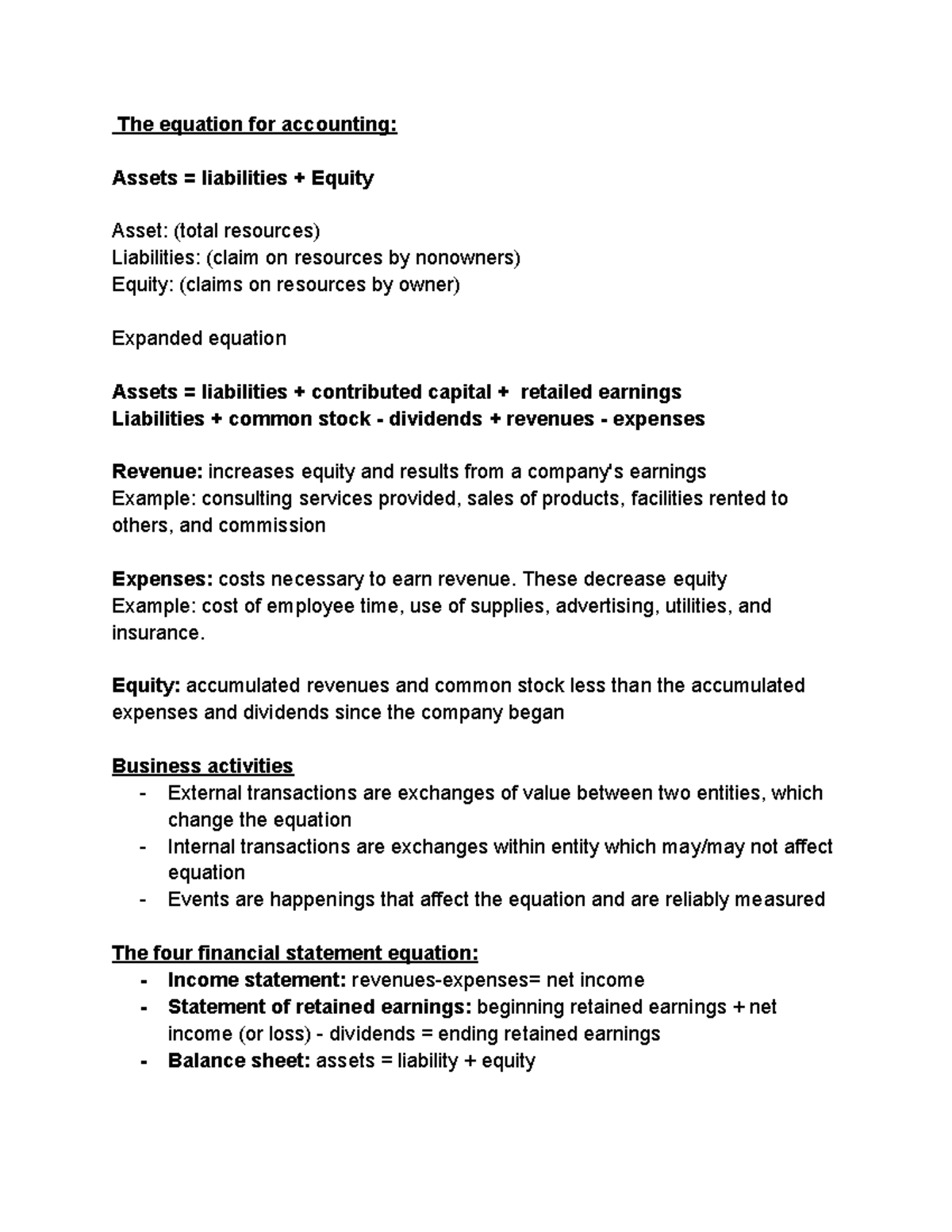 Accounting pt. 4 - notes - The equation for accounting: Assets ...