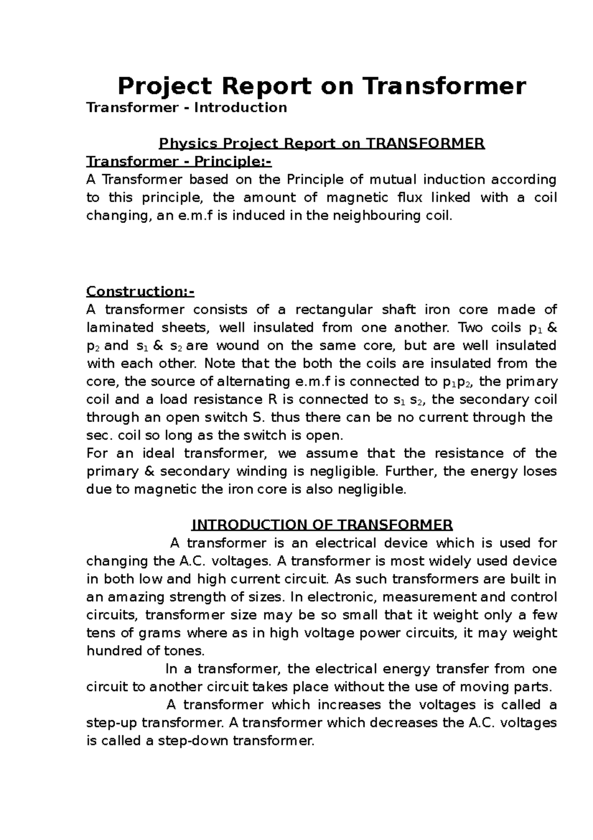Project Report on Transformer - Project Report on Transformer ...