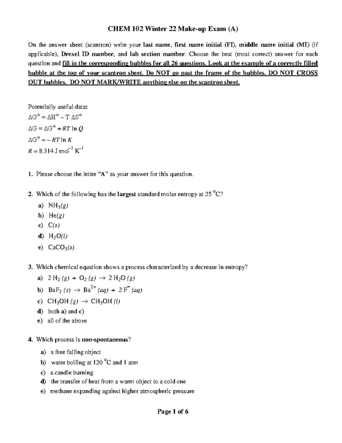 Make-up exam Chem 102 Winter 2022 w. Answers Key - CHEM 102 Winter 22 ...