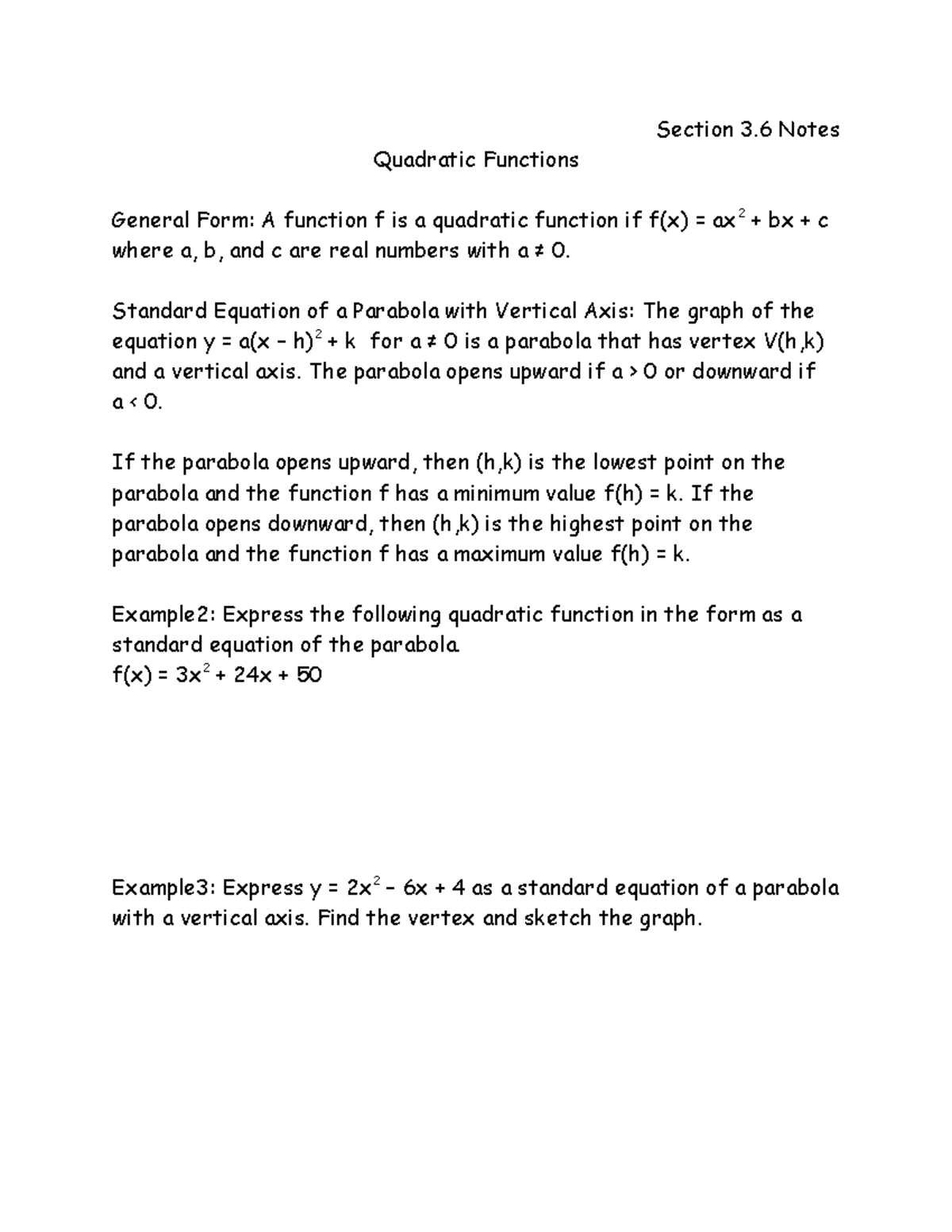 Section+3 - College algebra - Section 3 Notes Quadratic Functions ...