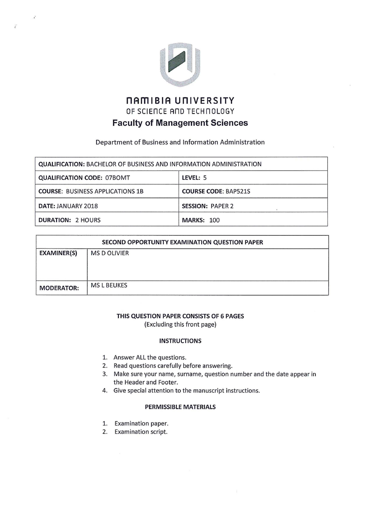 Exam 3 January 2018, questions - I, ’ nfll'nlBIH UNIVERSITY OF SCIEI ...