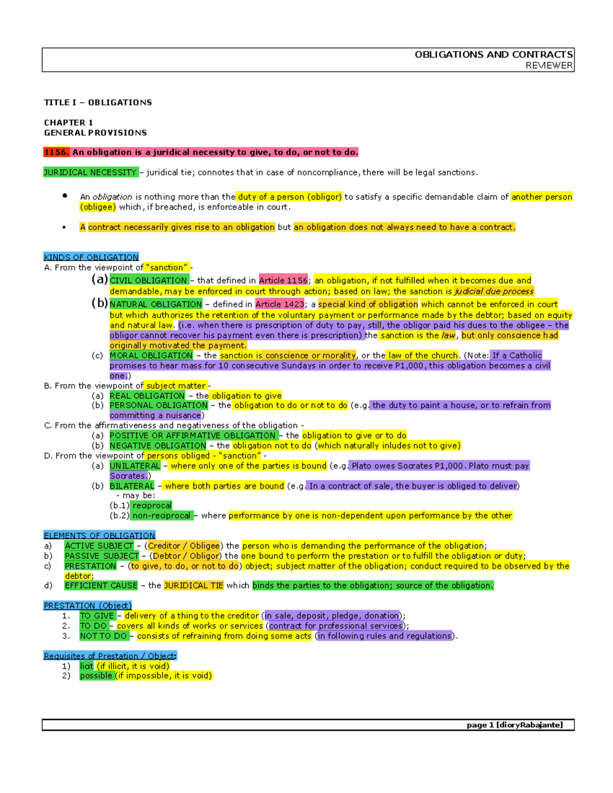 Oblicon- Reviewer - REVIEWER TITLE I – OBLIGATIONS CHAPTER 1 GENERAL ...