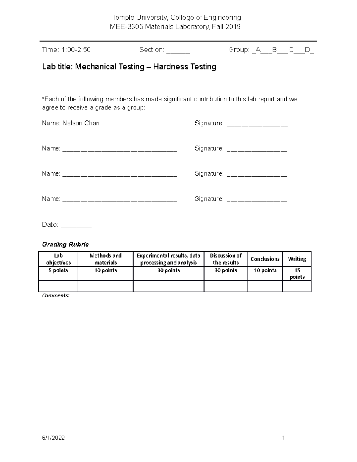 Hardness Lab - Temple University, College of Engineering MEE-3305 ...