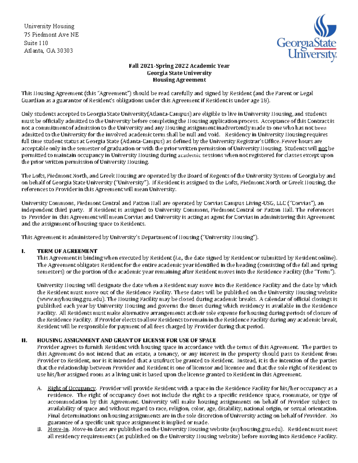 Fall 2021Spring 2022 Housing Agreement University Housing 75 Pi edm