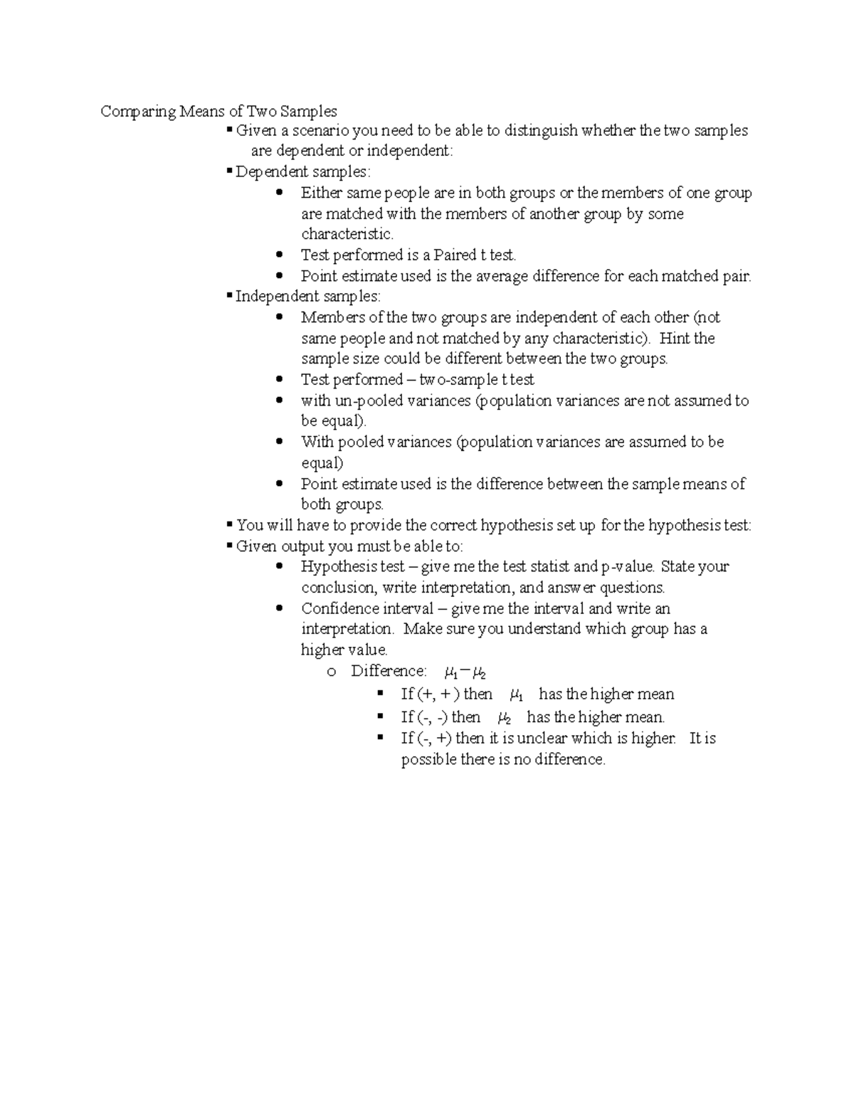Stat 206 ch 10 notes comparing means of two samples given a scenario 