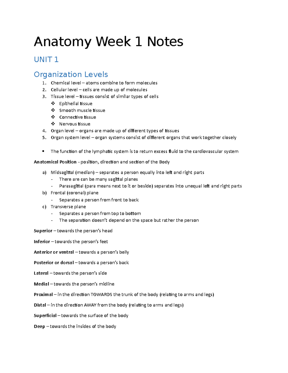 Anatomy Week 1 Notes - Anatomy Week 1 Notes UNIT 1 Organization Levels ...