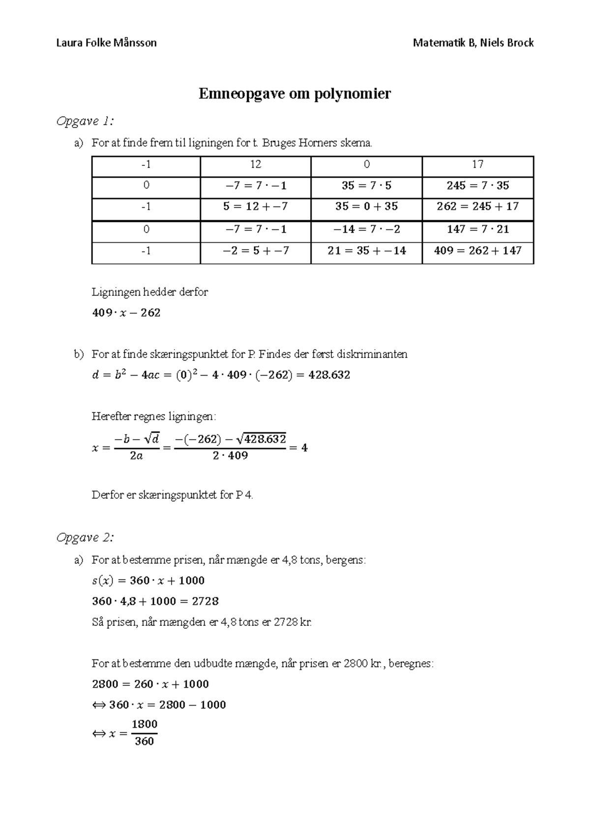 Emneopgave Om Polynomier - Laura Folke Månsson Matematik B, Niels Brock ...