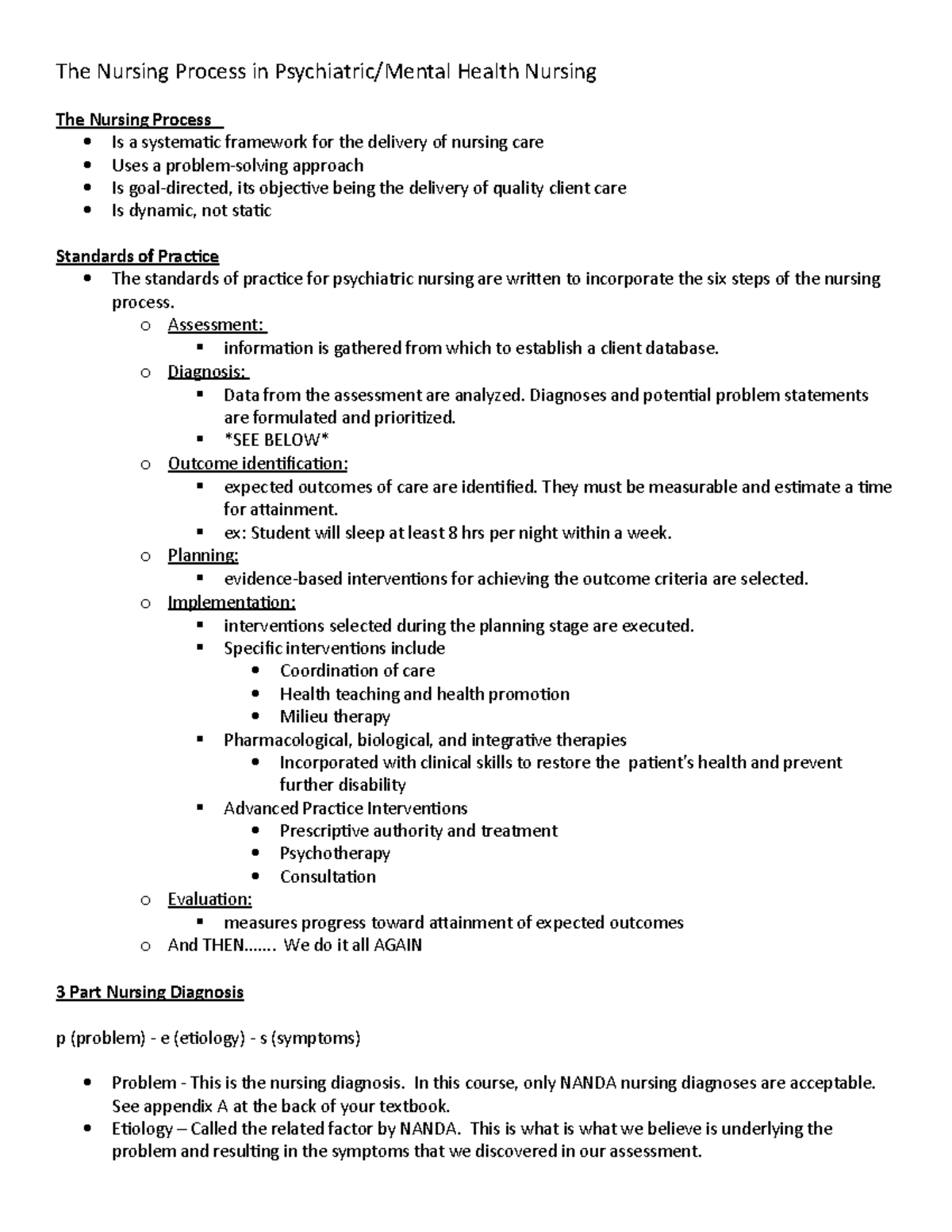 The Nursing Process in Psychiatric - o Assessment: information is ...