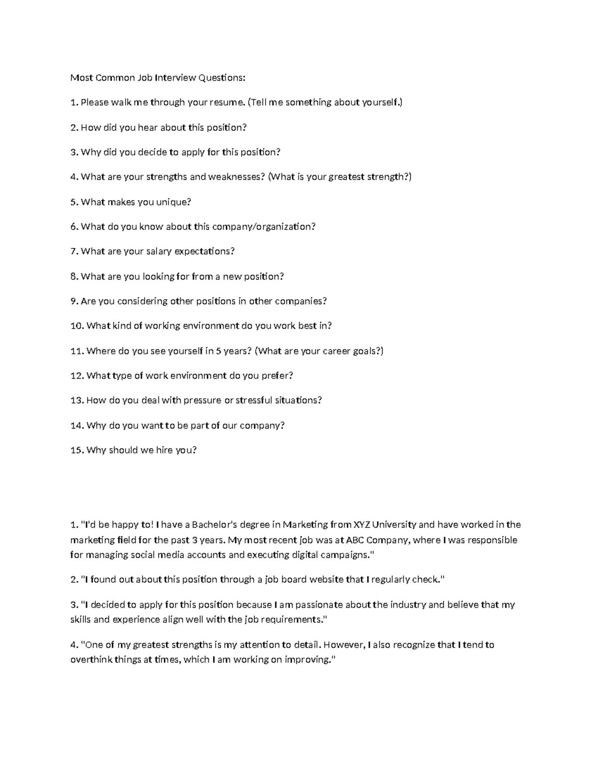 Short-answer - for projects - Most Common Job Interview Questions ...