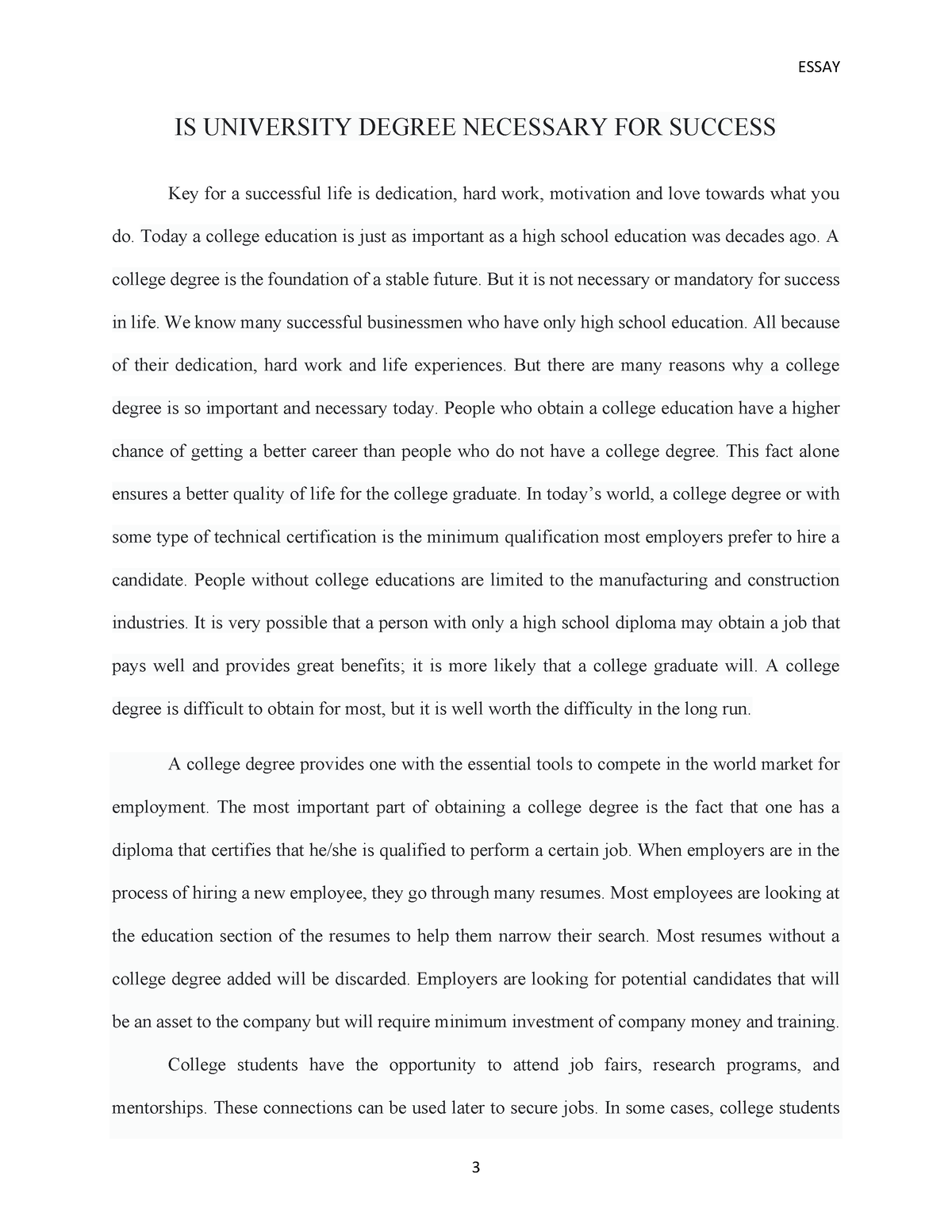 is university degree necessary for success essay