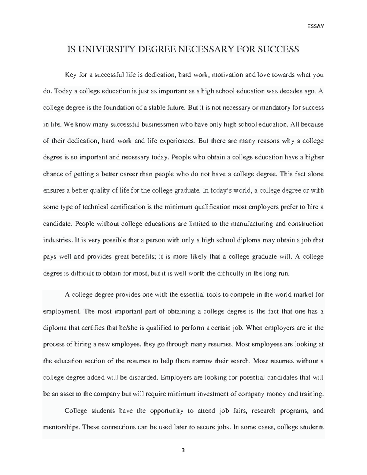 is university degree necessary for success essay