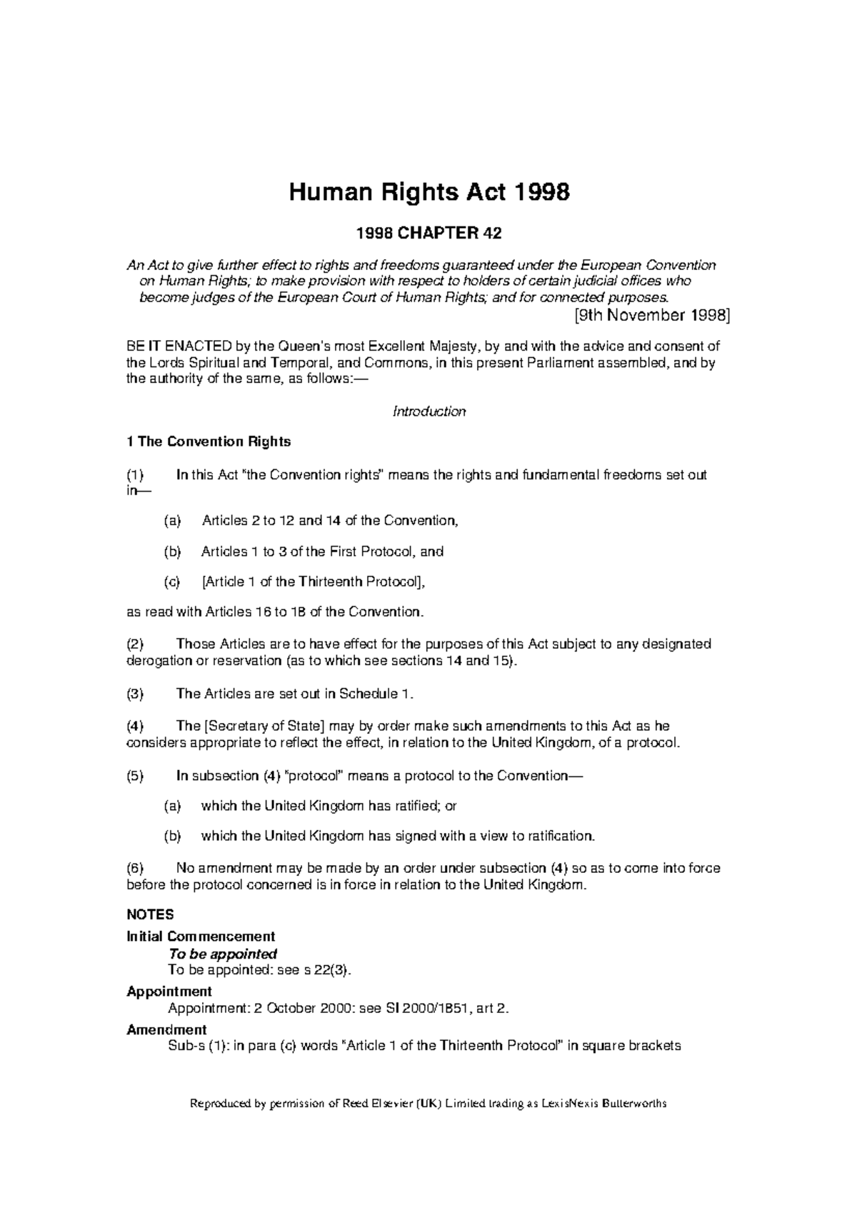 Human Rights Act Chapter 42 Human Rights Act 1998 1998 CHAPTER 42 An