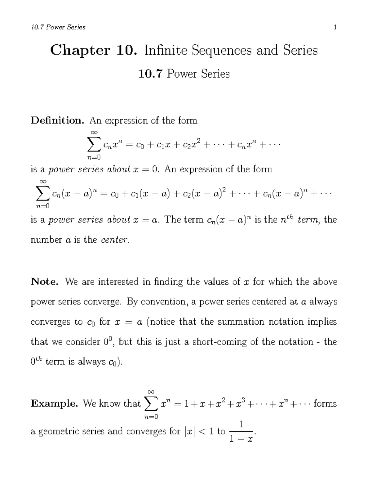 Power Series calc 2 - Chapter 10. Infinite Sequences and Series 10 ...