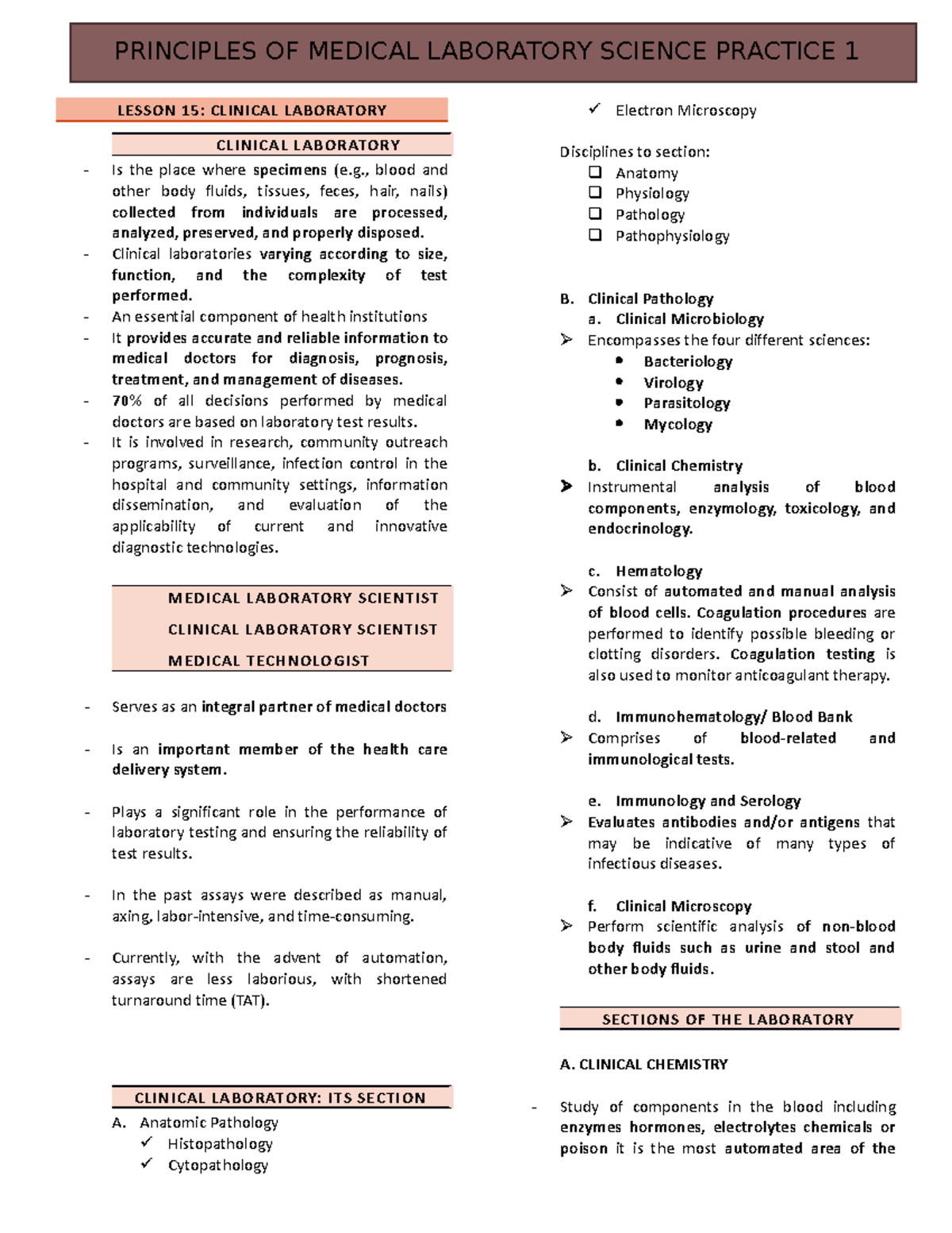 MLS Transe 15-17 - Hope it helps - LESSON 15: CLINICAL LABORATORY ...