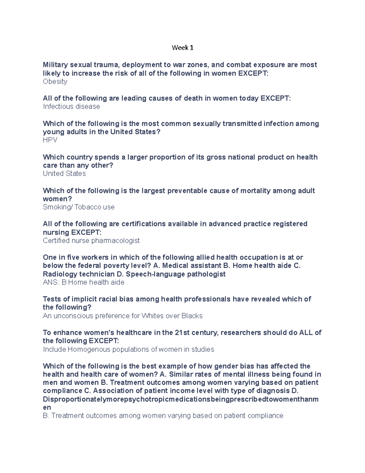NUR605 Study Guide - Week 1 Military sexual trauma, deployment to war ...
