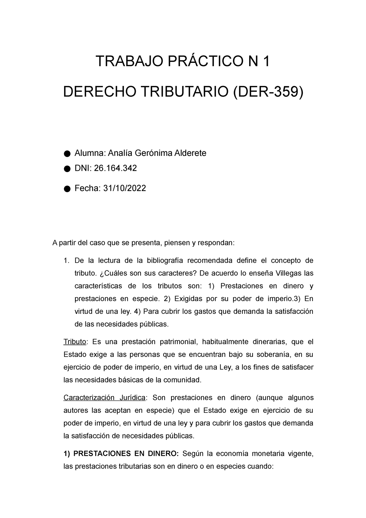 Tp1 Derecho Tributario Trabajo PrÁctico N 1 Derecho Tributario Der 359 Alumna Analía 1400