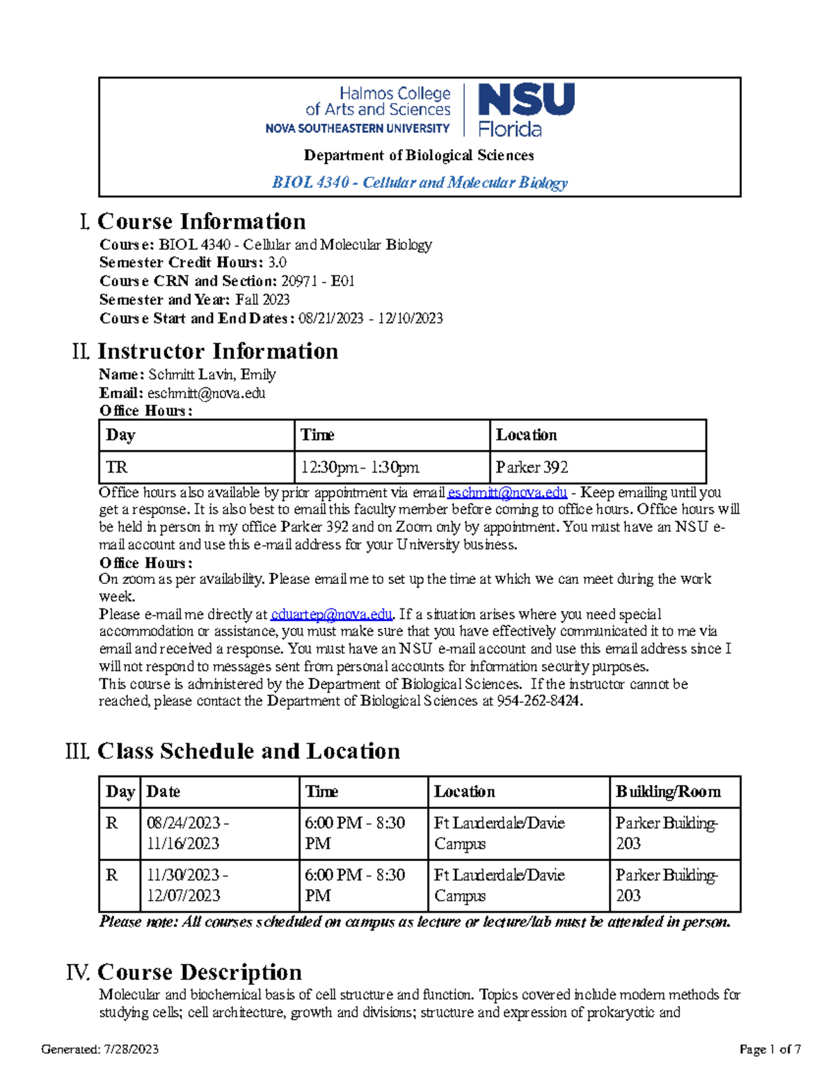 BIOL4340 - Cellular And Molecular Biology Syllabus (Fall 2023 ...