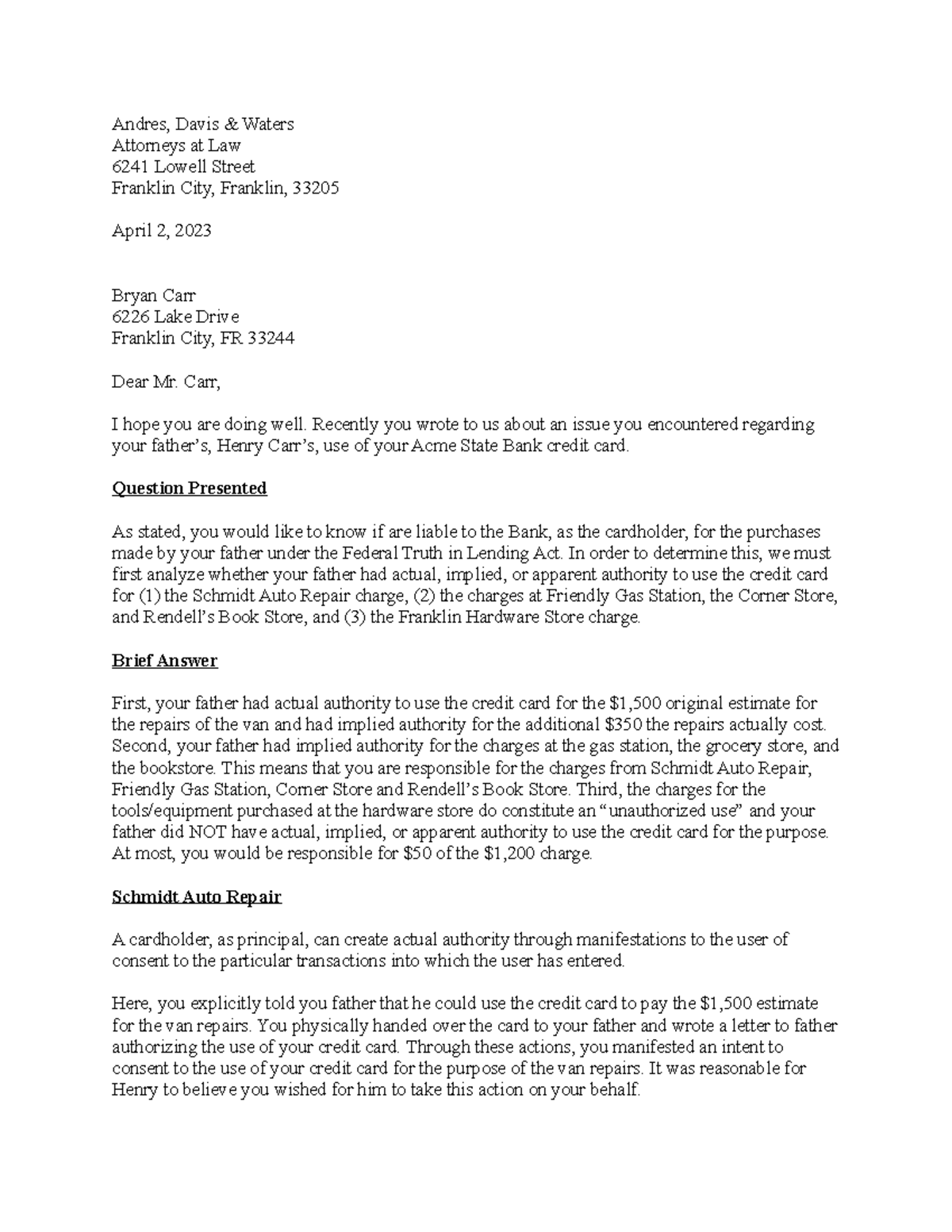 Opinion Letter - MPT Practice - Andres, Davis & Waters Attorneys at Law ...