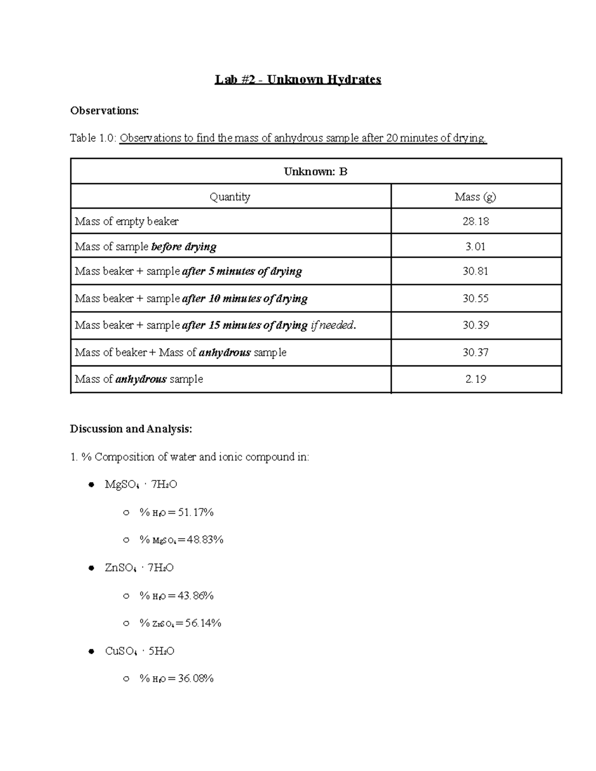 Lab 2 Unknown Hydrates Answers Full Lab 2 Unknown Hydrates