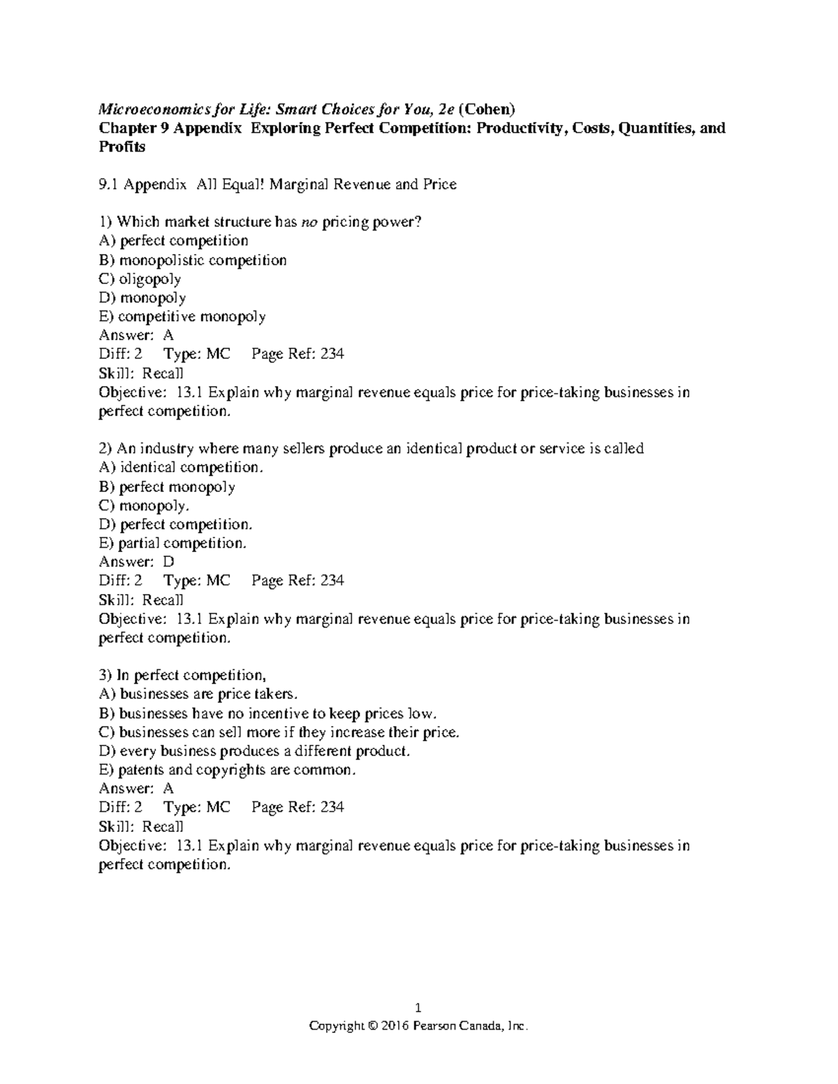 ECON1000 - Chapter 9 Appendix Test Bank - 2020 - 1 Microeconomics for ...