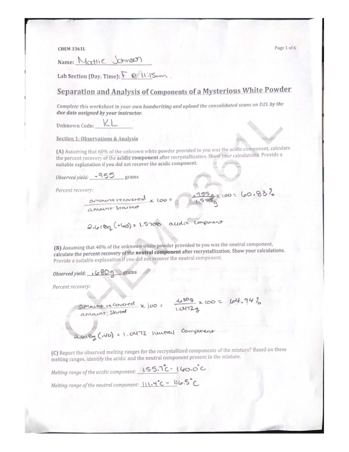 Mysterious White Powder lab CHEM 3361L Studocu