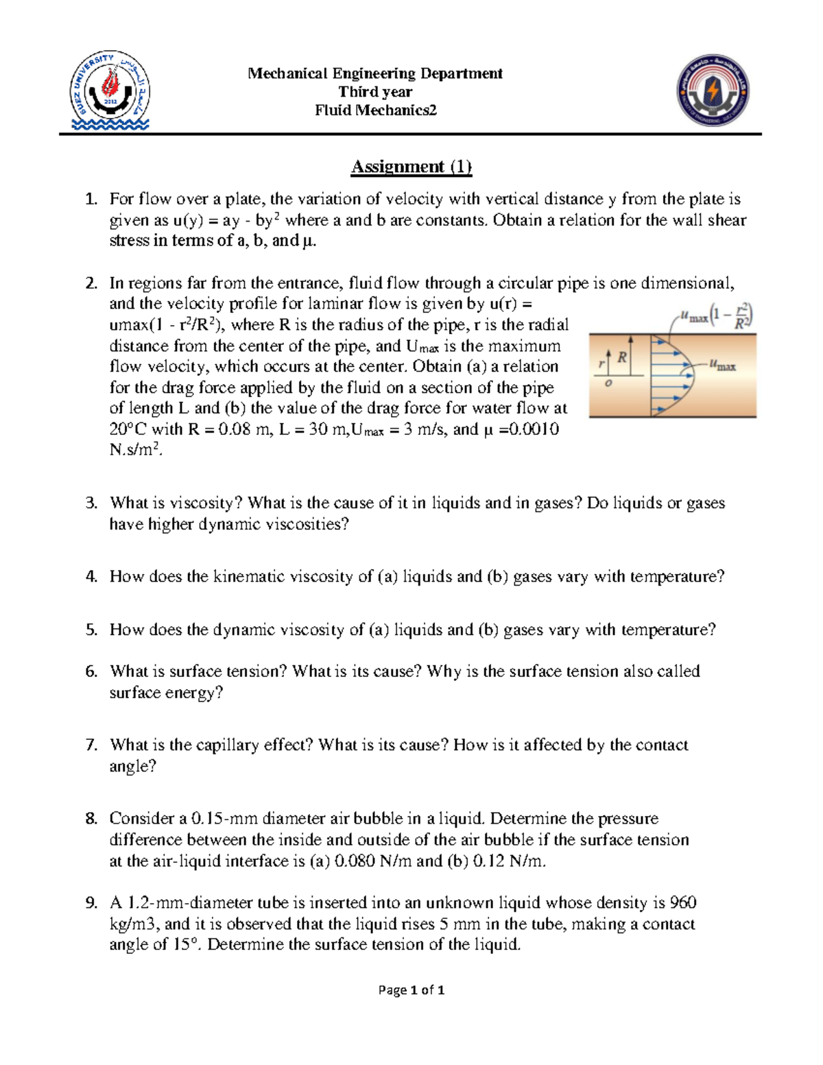 1 - fluid - Mechanical Engineering Department Third year Fluid ...