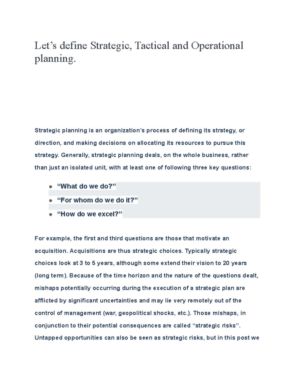 Lets Define Strategic Tactical And Operational Planning Strategic Planning Is An 