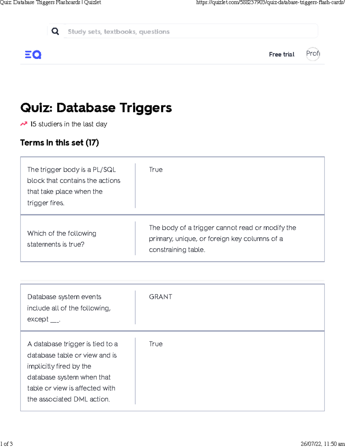 Quiz Database Triggers Flashcards Quizlet Reserve your spot for the