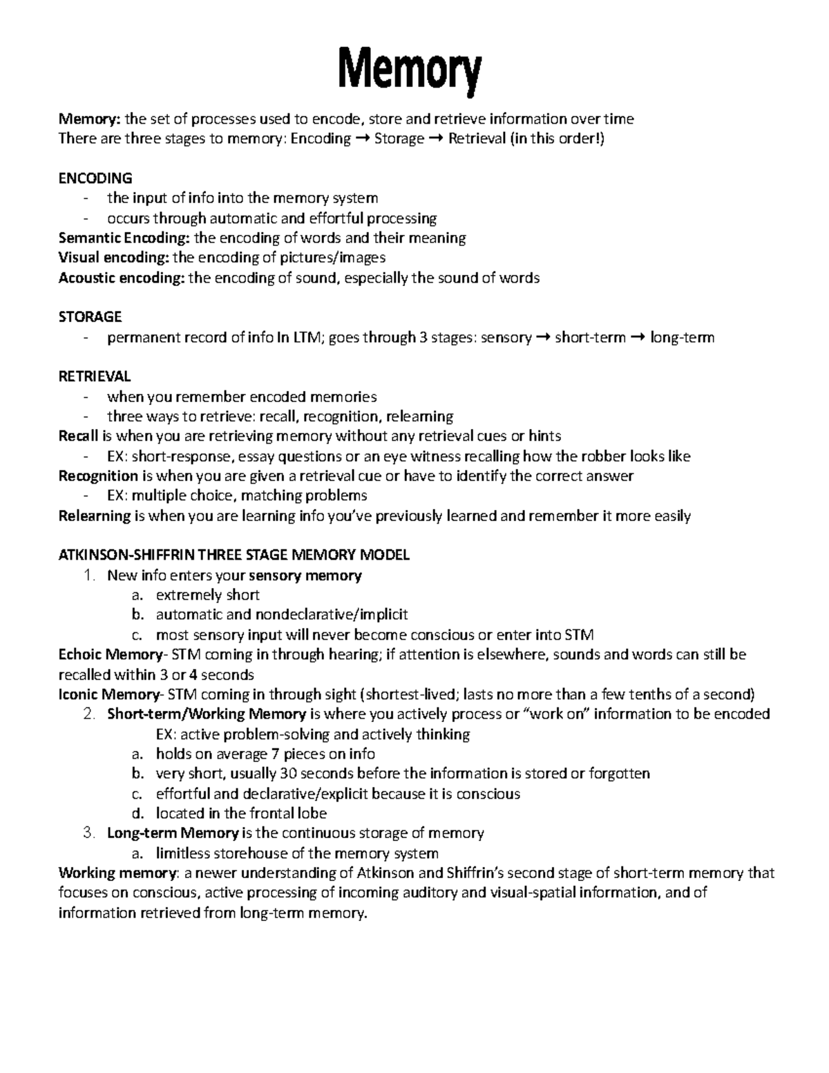 PSYCH 1101 Memory Review - Memory: the set of processes used to encode ...