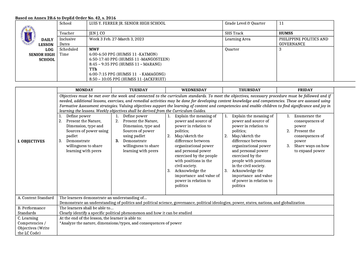 Week 3 DLL CO - Based on Annex 2B to DepEd Order No. 42, s. 2016 DAILY ...