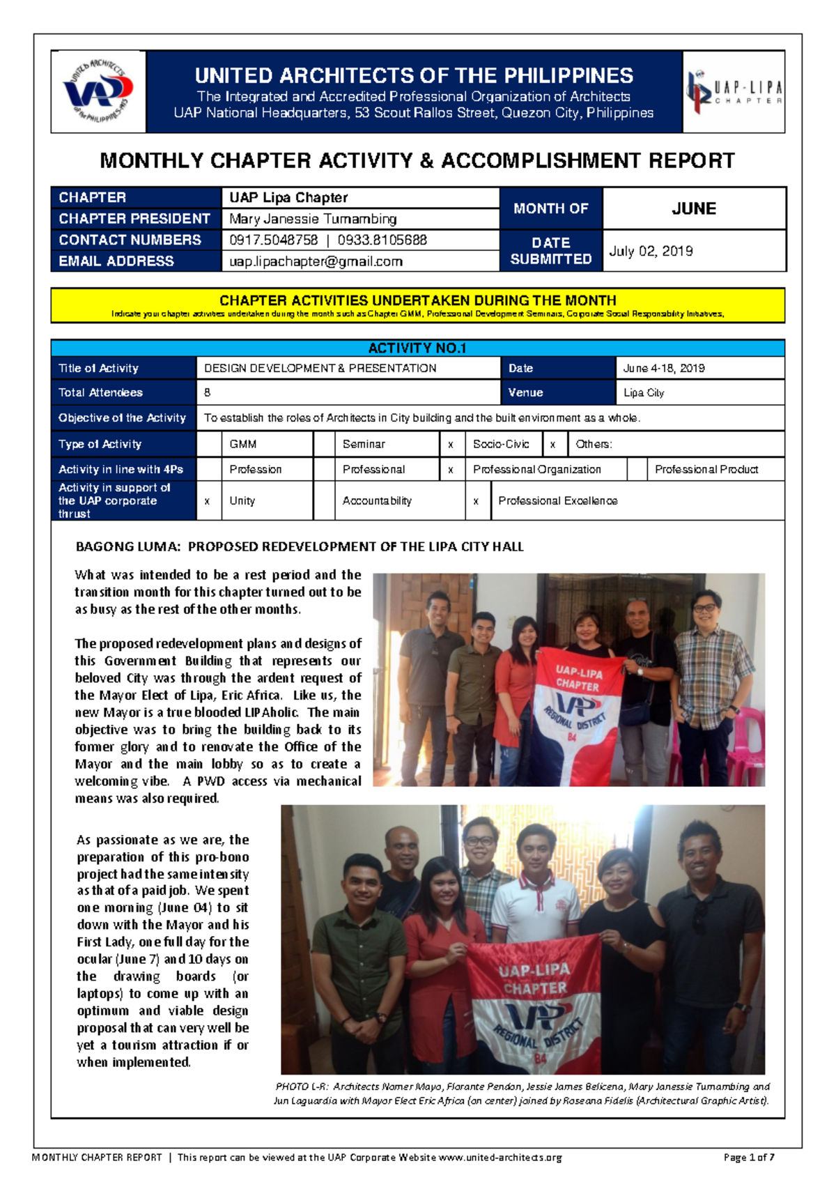 UAP Lipa Chapter Monthly Activity Report - June 2019 - UNITED ...