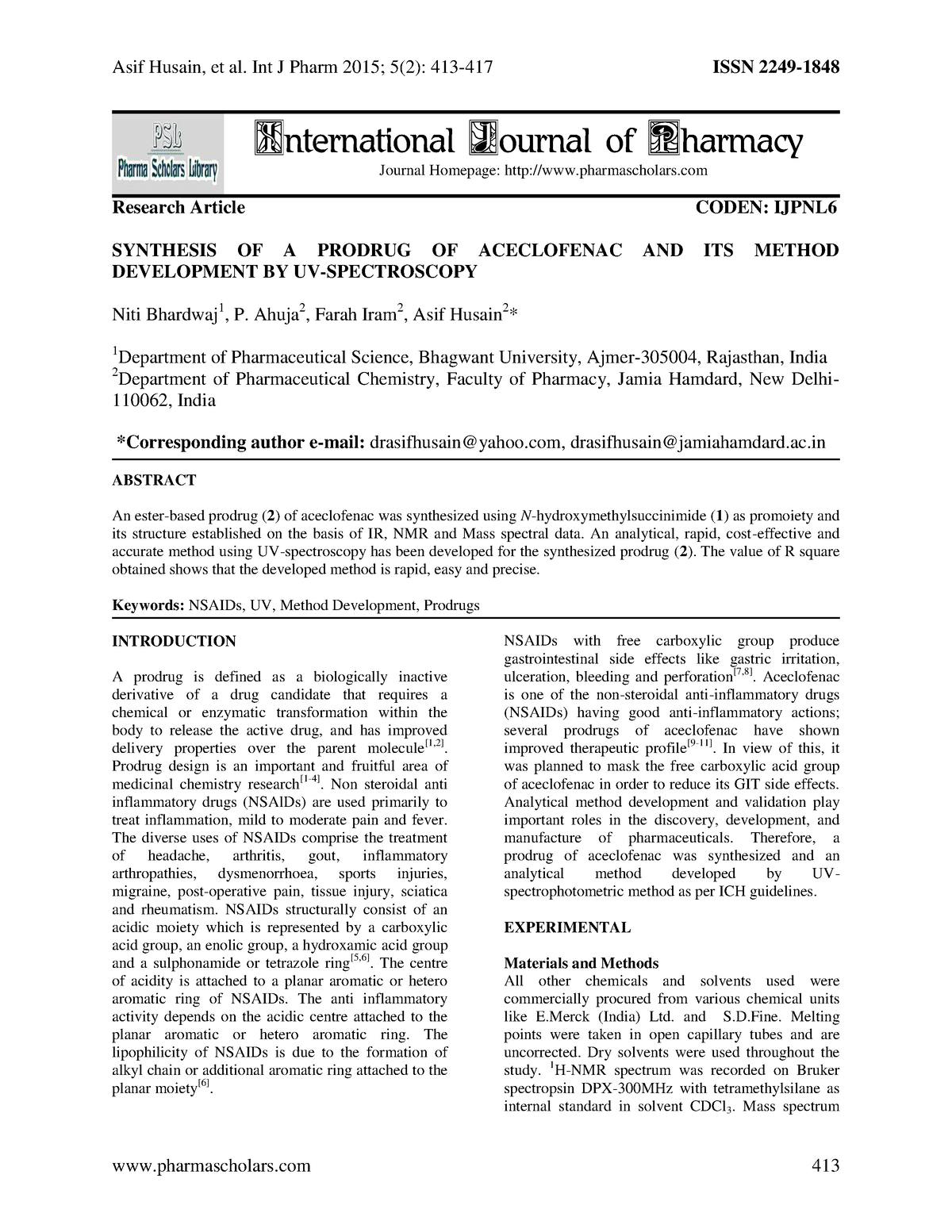 Synthesis of a prodrug of aceclofenac and its method development by ...