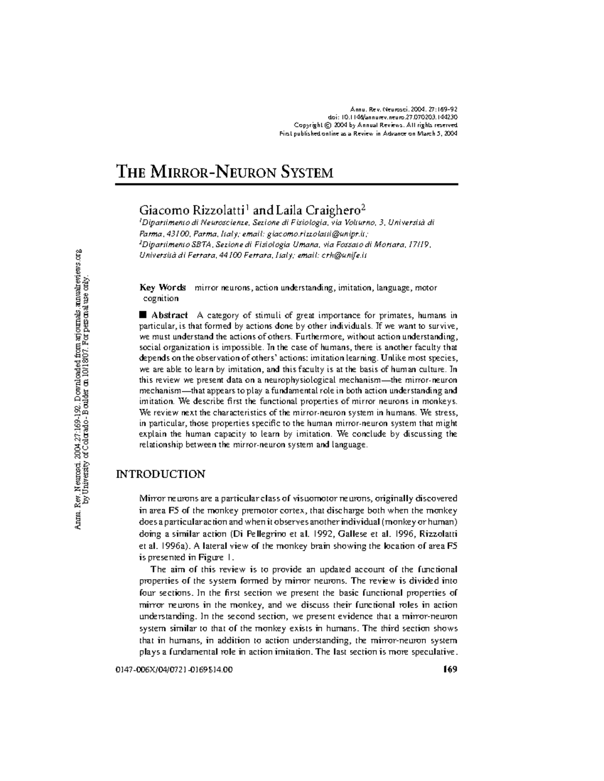 Mirrorneurons basics of mirror neurons Annu. Rev. Neurosci. 2004