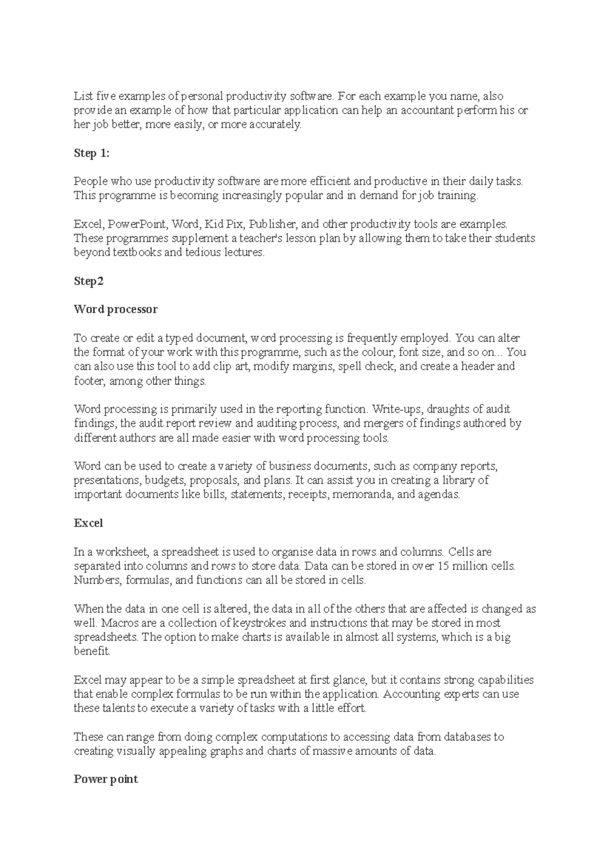 List five examples of personal productivity software. For each example