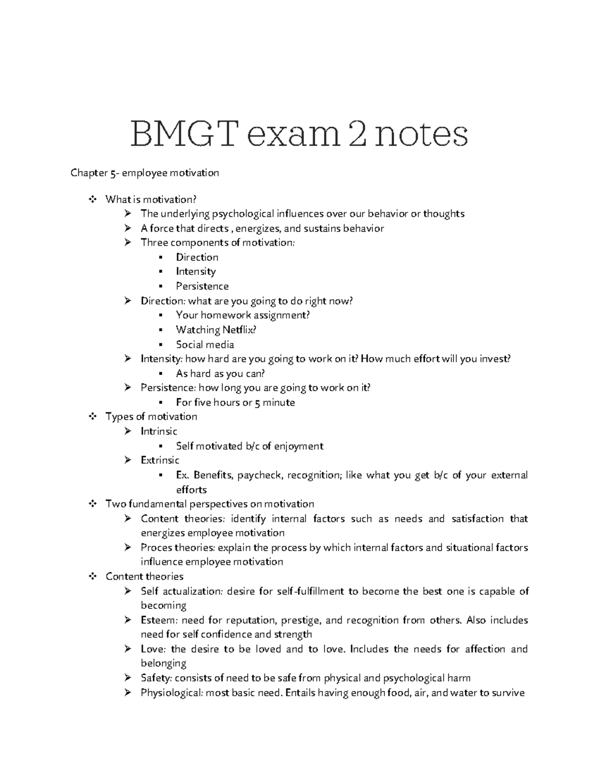 BMGT Exam 2 Notes - BMGT Exam 2 Notes Chapter 5- Employee Motivation ...