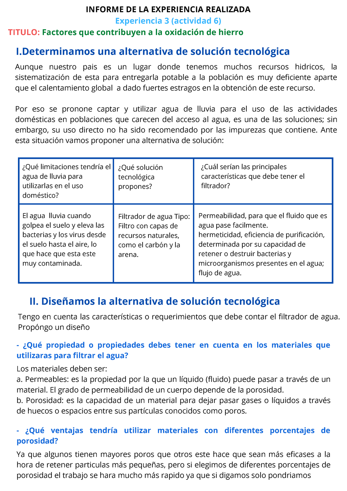 Informe de Solución tecnologica filtrador de agua - INFORME DE LA  EXPERIENCIA REALIZADA Experiencia - Studocu