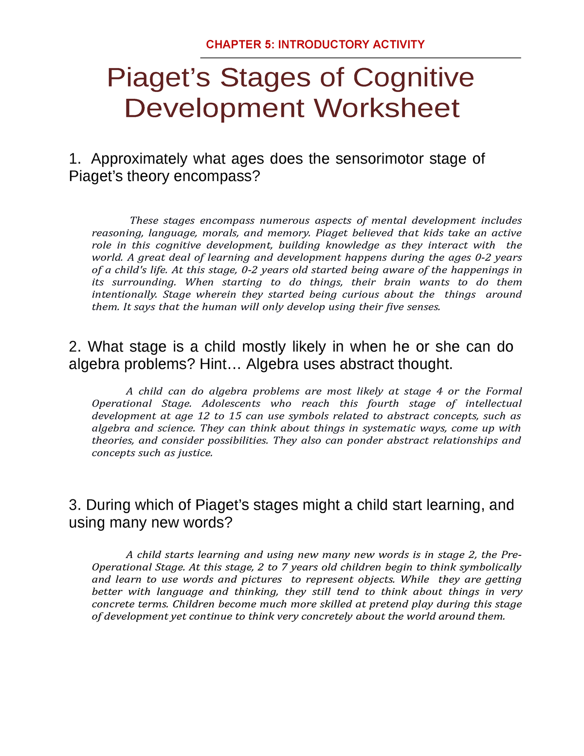 Piaget's stages of discount development abstract thinking