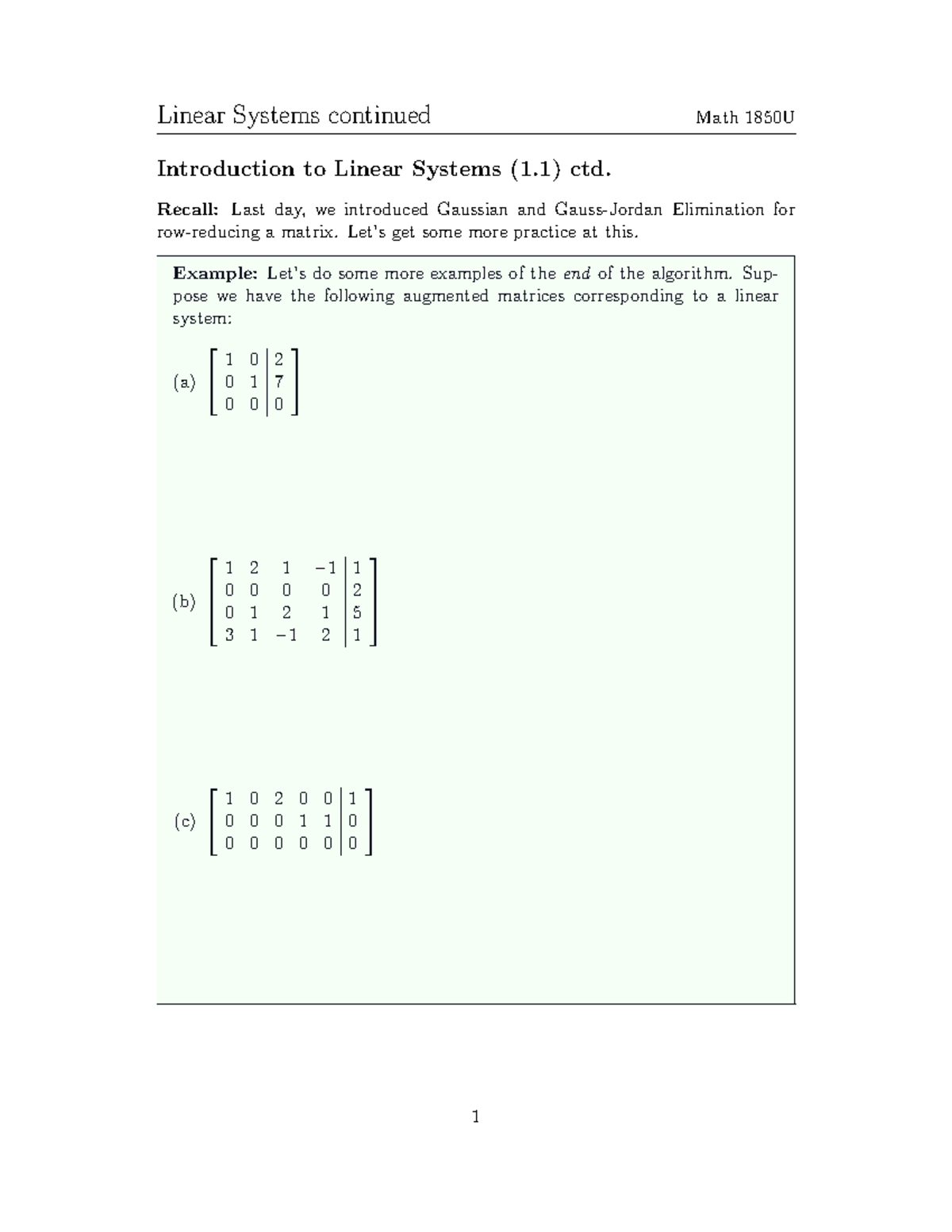 1850 Lecture 3 - notes - Linear Systems continued Math 1850U ...
