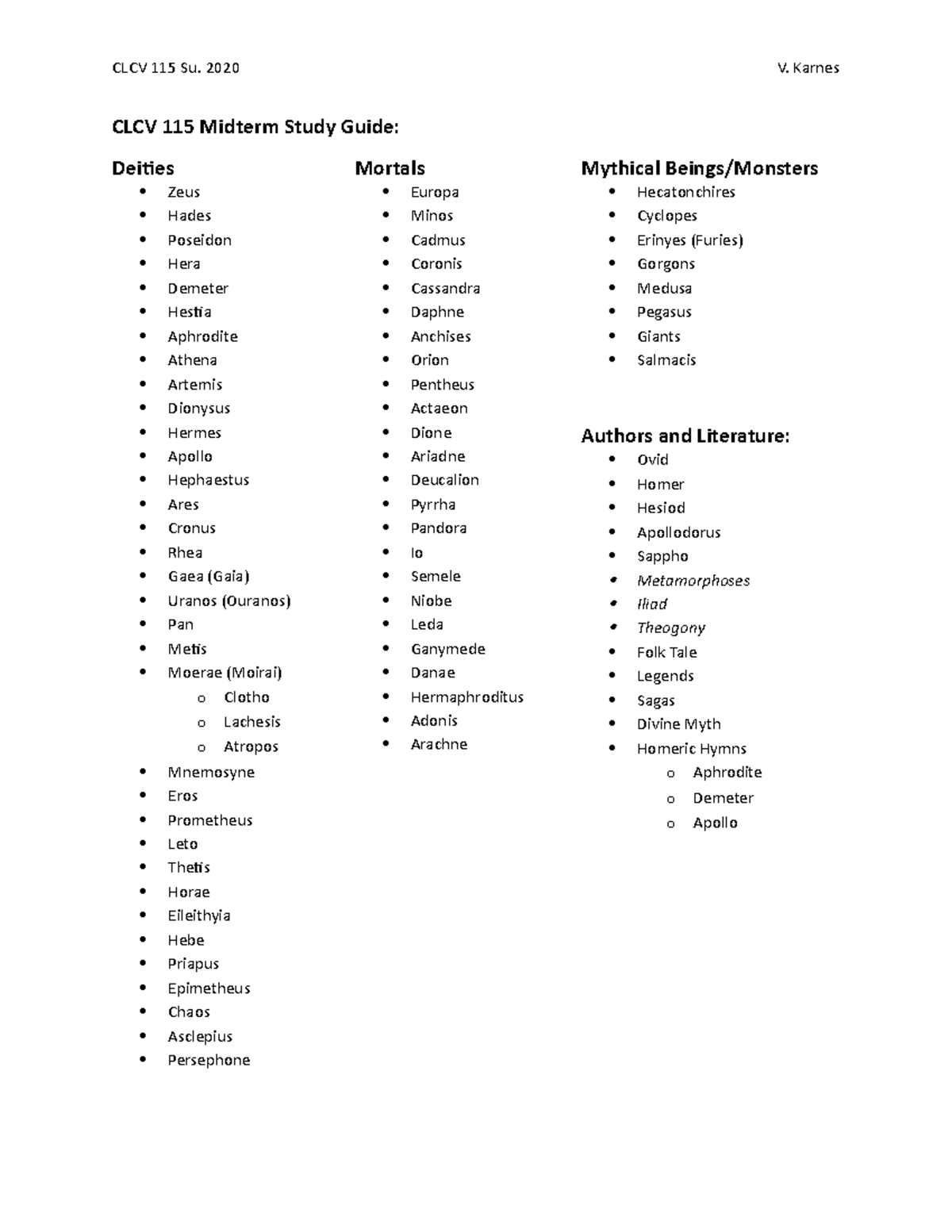 Summer Midterm Study Guide CLCV 115 Su. 2020 V. Karnes CLCV 115