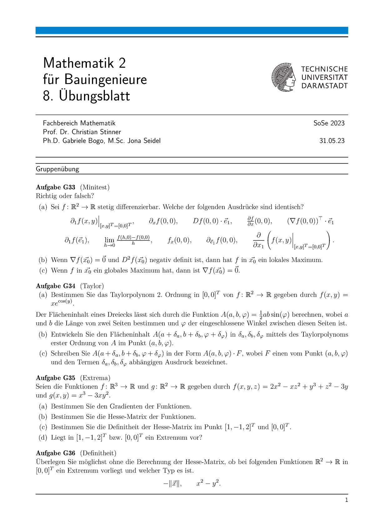 Uebungsblatt 8 - übung - Mathematik II (Bau) - TU Darmstadt - Studocu