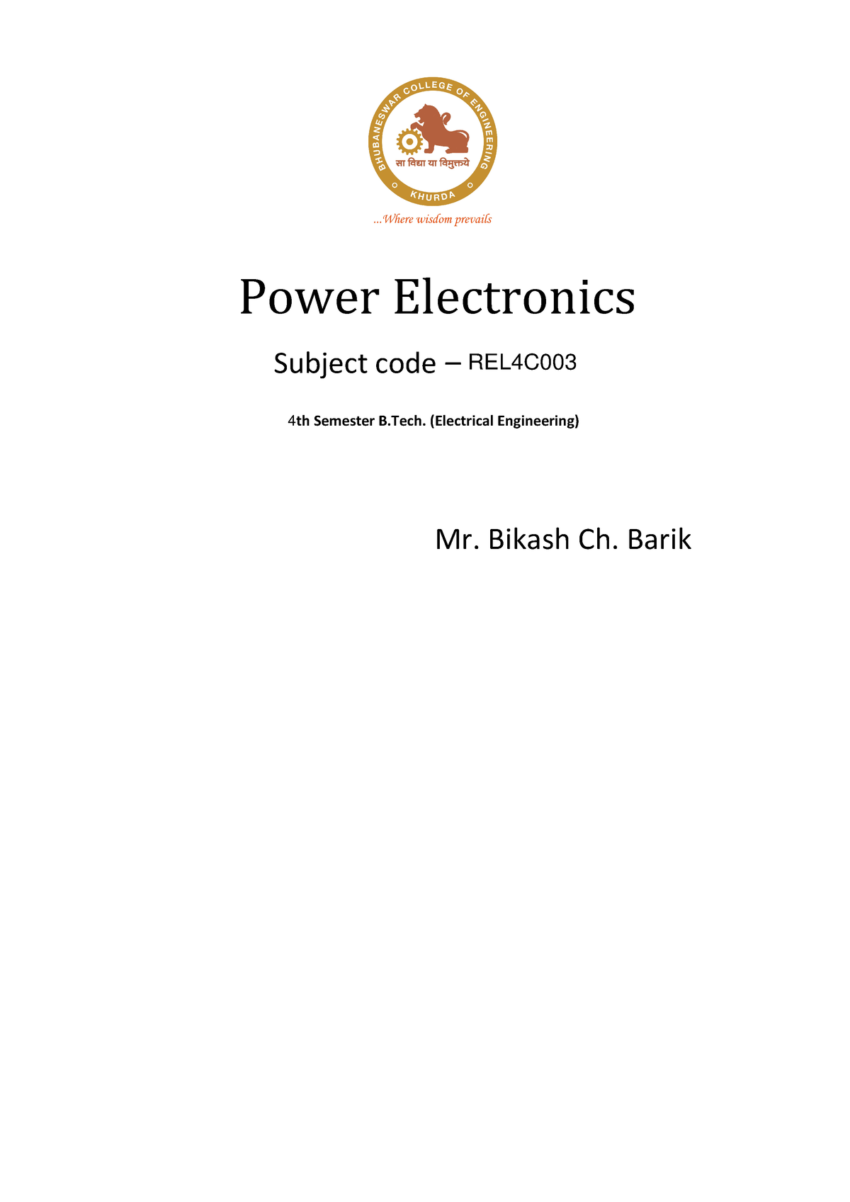 Power Electronics - Power Electronics Subject Code – 4 Th Semester B ...