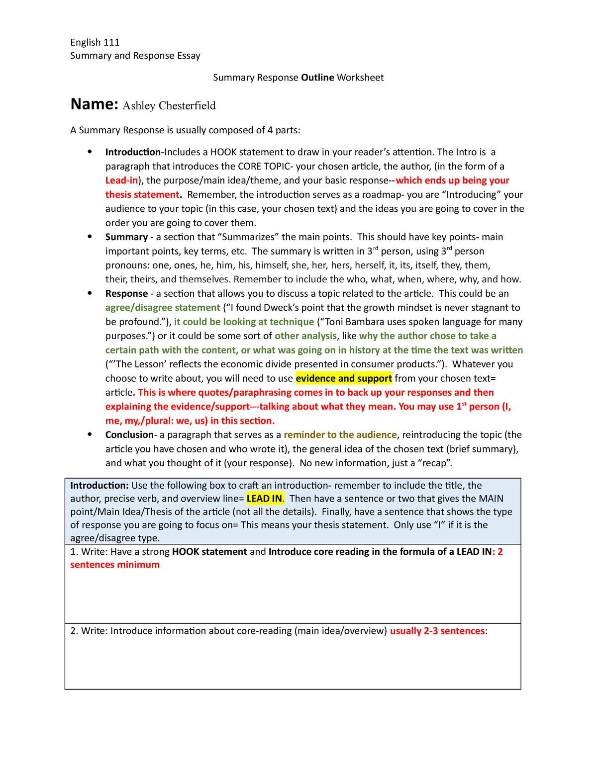 Summary Response Outline Worksheet2 Summary and Response Essay