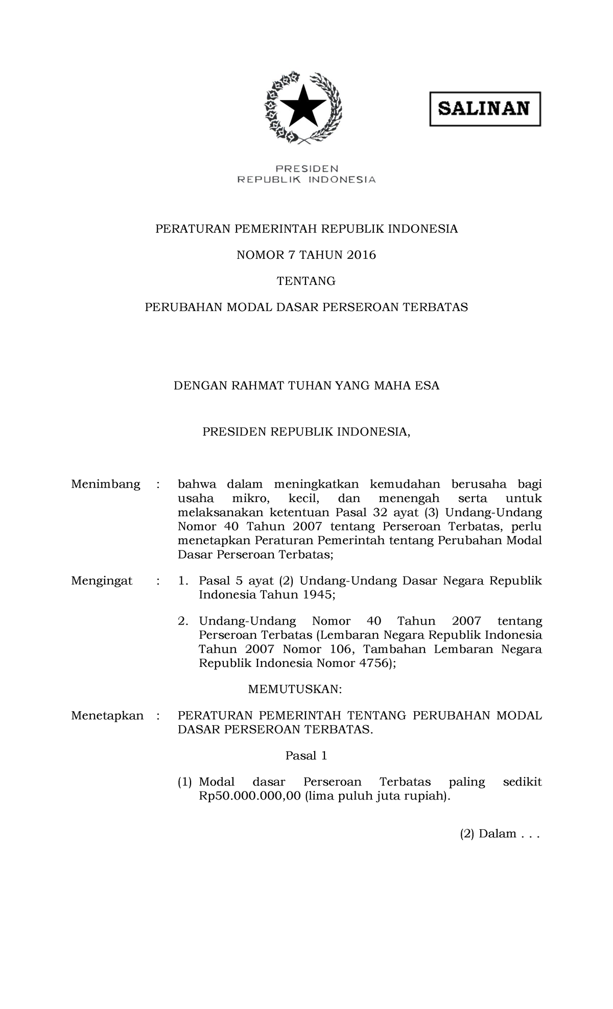 PP Nomor 7 Tahun 2016 - Tes - PERATURAN PEMERINTAH REPUBLIK INDONESIA