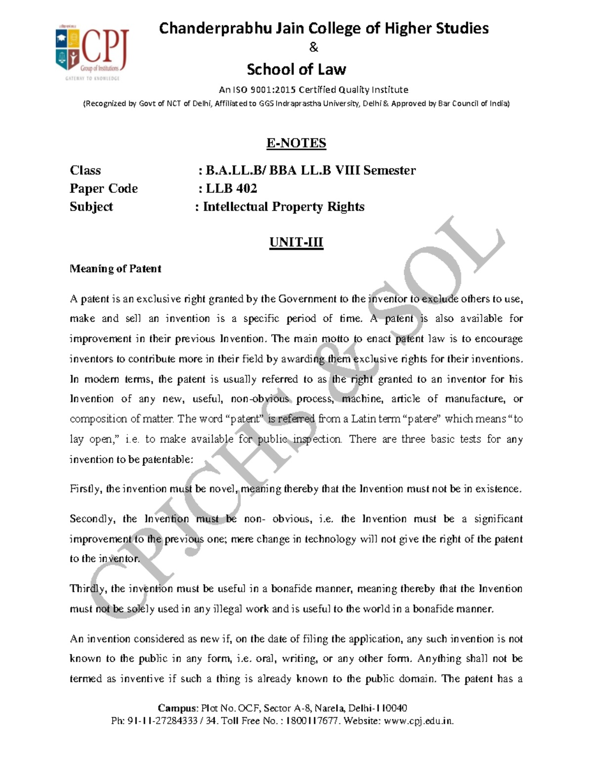 Intellectual Property Rights Unit-3 - & School of Law An ISO 9001:2015 ...