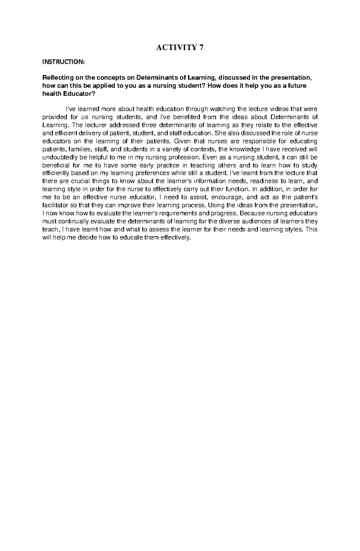 Activity 7 Determinants of Learning - ACTIVITY 7 INSTRUCTION ...